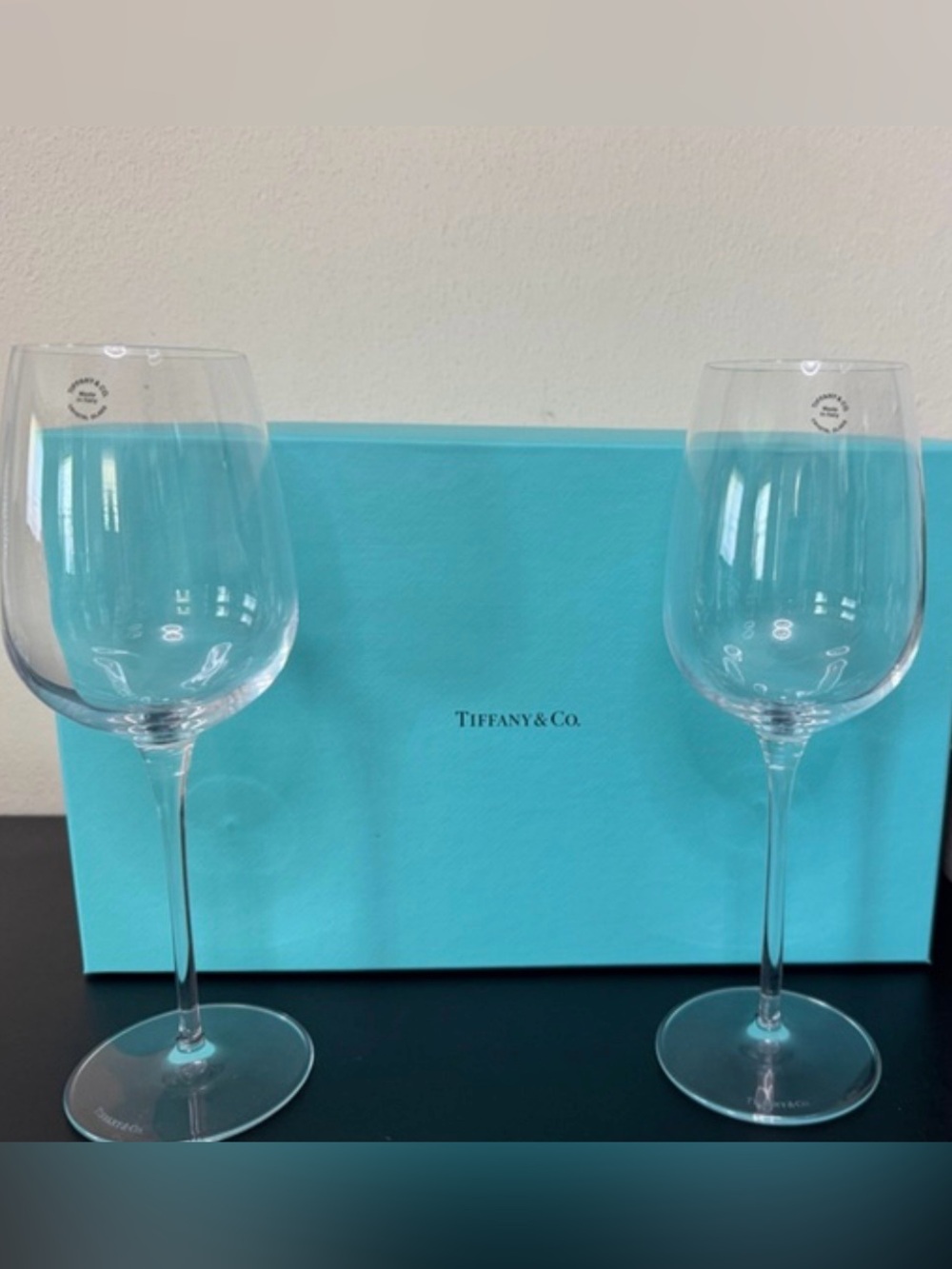 Tiffany & Co. Blue Crystal Wine Glasses with Signature Blue Box 2 set